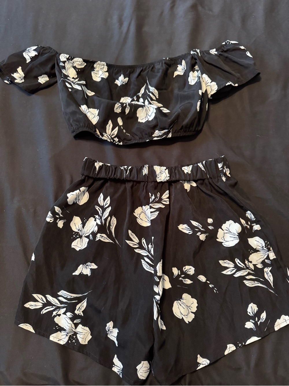 Black Floral Off-Shoulder Crop Top & High-Waist Shorts Set